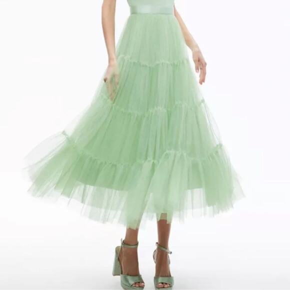 ALICE + OLIVIA Chara Tulle Scoop Neck Pistachio Green Midi Dress Size 8 - Picture 3 of 13